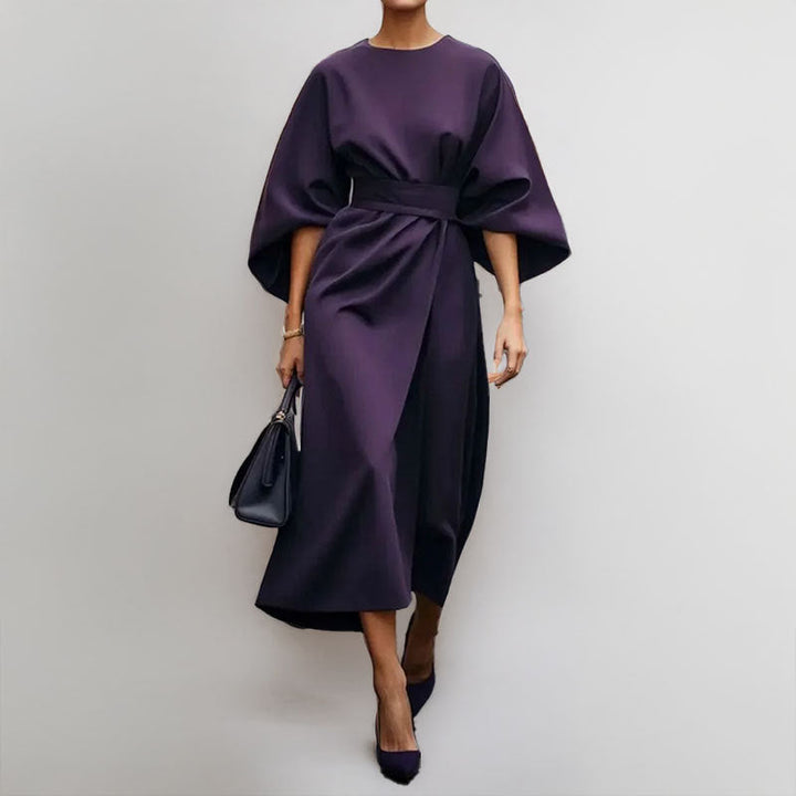 Women's Long Dress – Batwing Sleeve – Cinched Waist – Asymmetrical Draped Fit