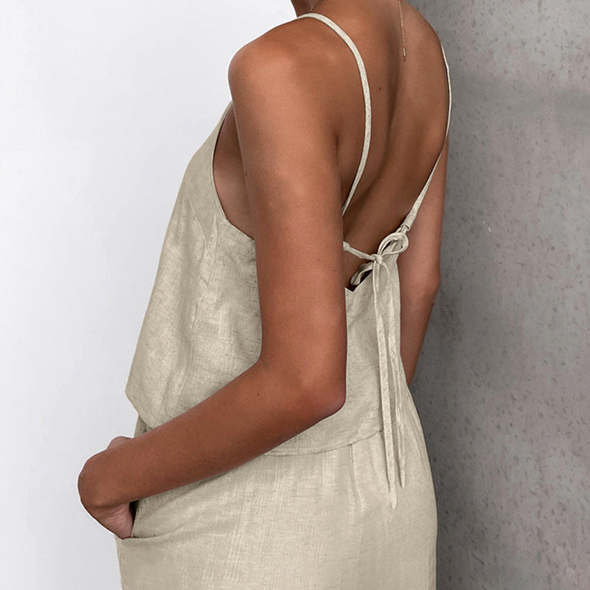 Women’s Jumpsuit - Lightweight Cotton Linen - Relaxed Fit - Spaghetti Straps - Drawstring Waist