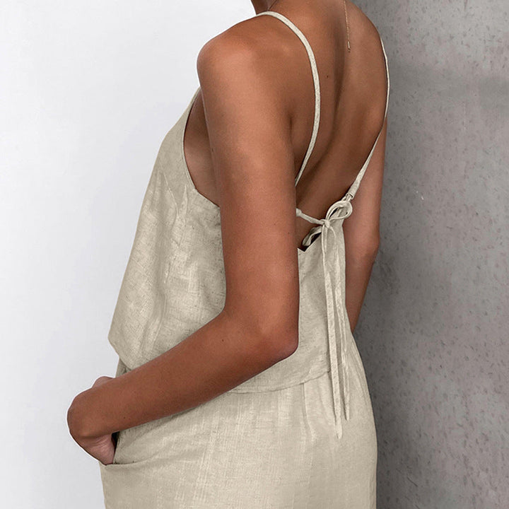 Women’s Jumpsuit - Lightweight Cotton Linen - Relaxed Fit - Spaghetti Straps - Drawstring Waist