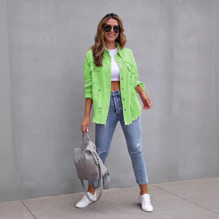 Women’s Denim Jacket – Oversized Fit – Mid Length – Distressed Frayed Casual Layer