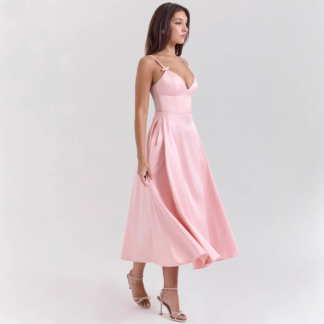 Women’s Dress – Fitted Bodice – Deep V-Neck – Spaghetti Straps – A-Line Midi Skirt