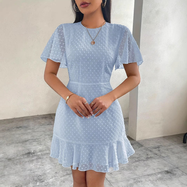 Women’s Dress - Fit and Flare - Flutter Sleeve - Textured Dot - Crew Neck - Ruffle Hem