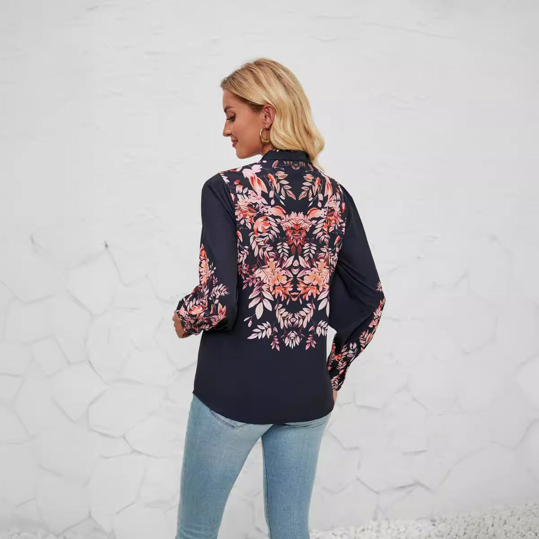 Women’s Blouse - Relaxed Fit - Long Sleeve - Button Down Stand Collar - Floral Print