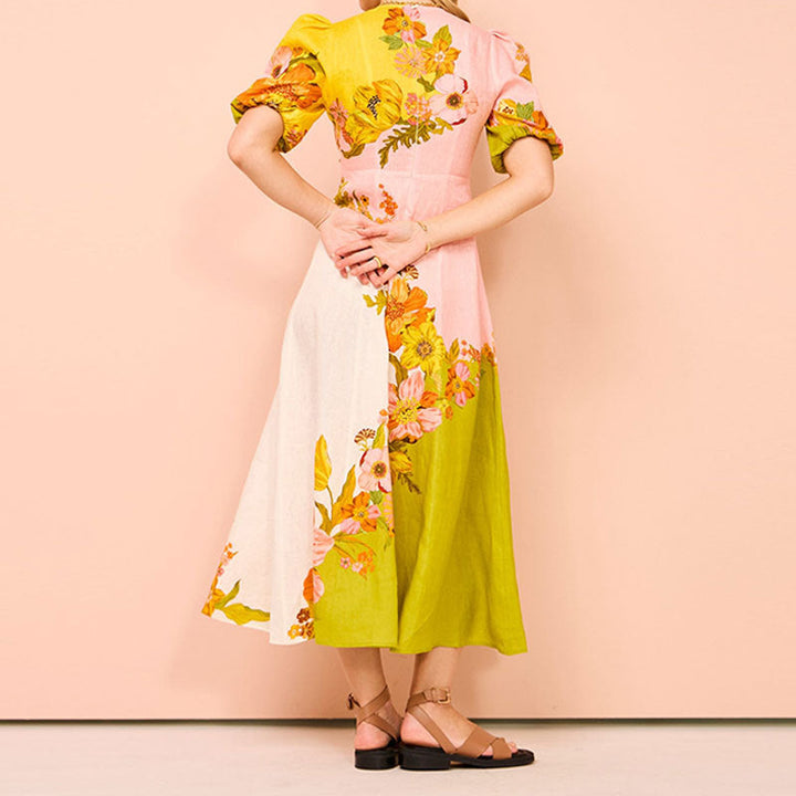 Women’s Midi Sundress – Flowy Fit – Puff Sleeve – Floral Print – Lightweight Fabric