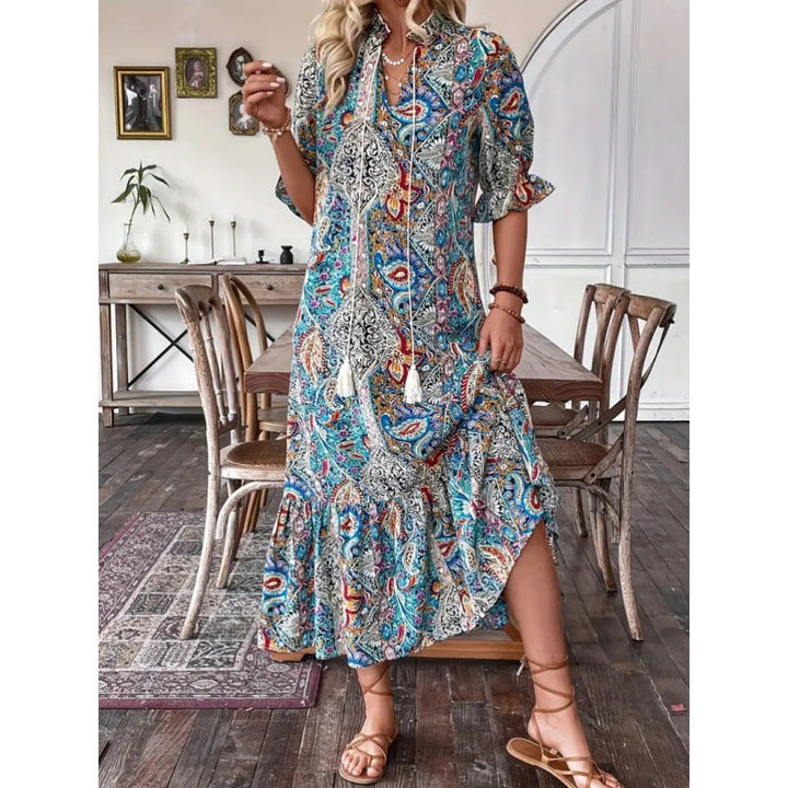 Women’s Midi Dress – Relaxed Fit – Ruffle Sleeves – Boho Print – Tie Neck – Breathable Blend