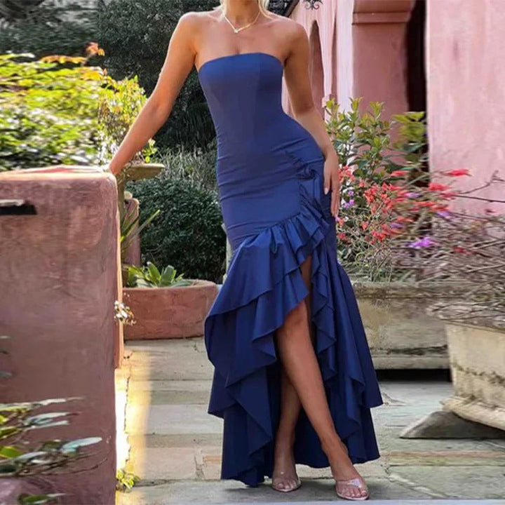 Women’s Strapless Evening Gown – Fitted Bodice – High-Low Ruffle Hem – Mermaid Silhouette