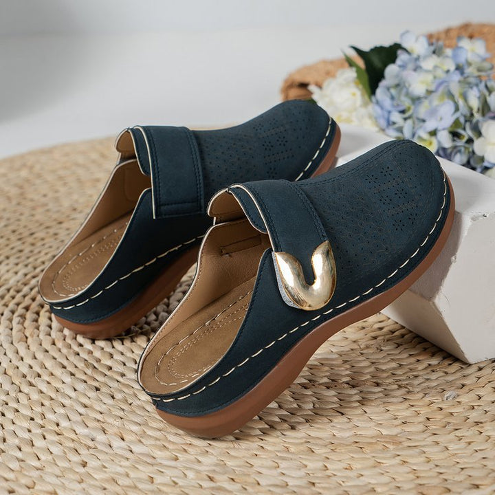 Women’s Mule Sandals – Slip-On Comfort – Perforated Upper – Decorative Buckle
