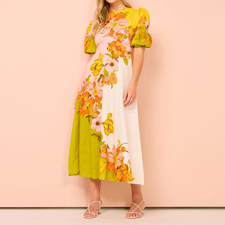 Women’s Midi Sundress – Flowy Fit – Puff Sleeve – Floral Print – Lightweight Fabric