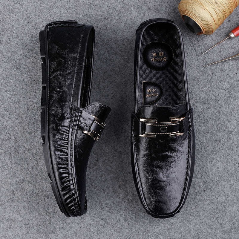 Men’s Leather Loafers - Slip-On Fit - Decorative Strap - Soft Sole Comfort