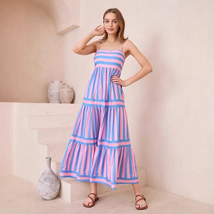Women’s Maxi Dress – Cotton – Tiered Skirt – Striped – Spaghetti Strap – Flowy Fit