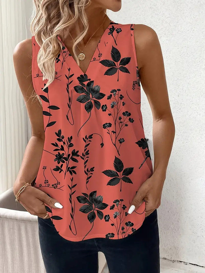 Women’s Sleeveless Blouse – V-Neck – Relaxed Fit – Abstract Print – Lightweight Fabric