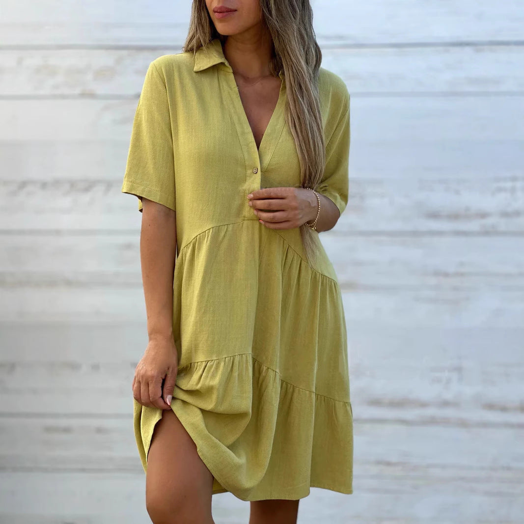 Women's Swing Dress - Relaxed Fit - Natural Fibers - Button-Up Front - Tiered Skirt