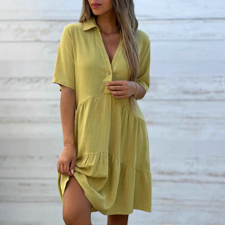 Women's Swing Dress - Relaxed Fit - Natural Fibers - Button-Up Front - Tiered Skirt