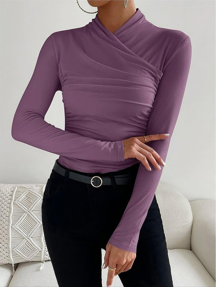 Women’s Long Sleeve Top – Fitted Wrap Design – V-Neck – Ruched Side – Stretch Fabric