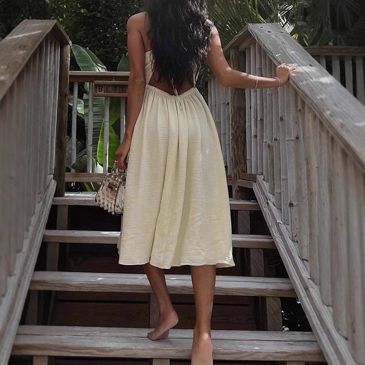 Women’s Maxi Dress - Halter Neck - Ruched Bodice - Front Cutout - High Slit - Flowy Fit