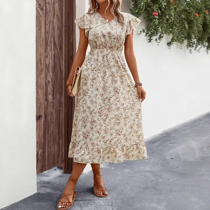 Women’s Midi Dress – V-Neck – Flutter Sleeve – Cinched Waist – Ruffled Hem – Relaxed Fit