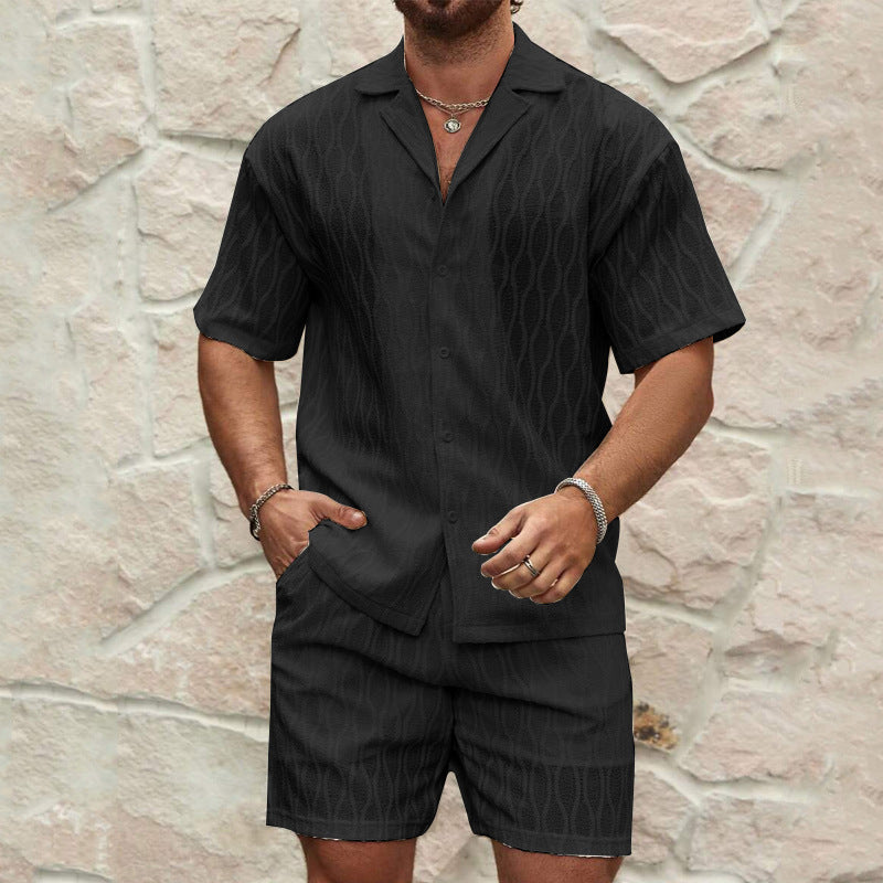Men’s Two-Piece Set – Button-Up Shirt & Shorts – Relaxed Fit – Notched Collar – Lightweight Cotton