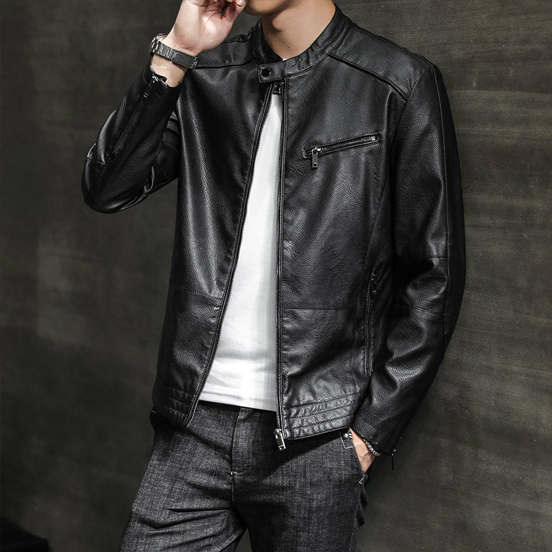 Men’s Biker Jacket - Slim Fit Leather - Stand Collar - Zippered Pockets Casual Style