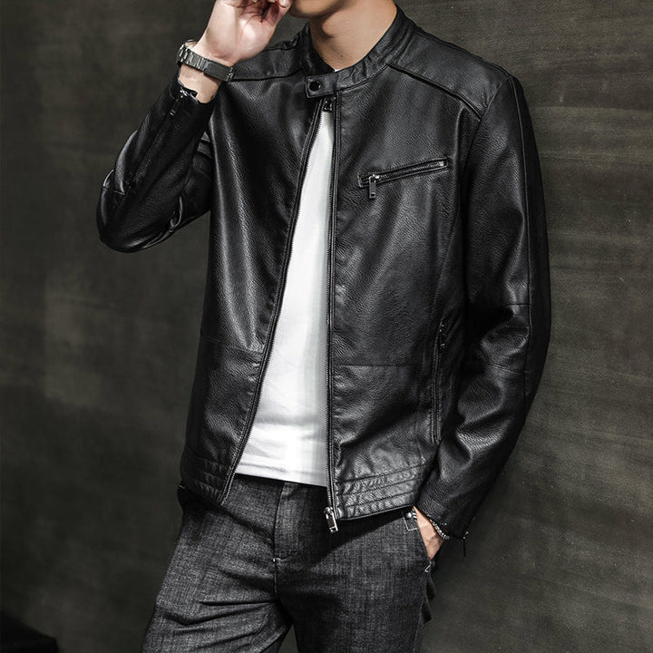 Men’s Biker Jacket - Slim Fit Leather - Stand Collar - Zippered Pockets Casual Style