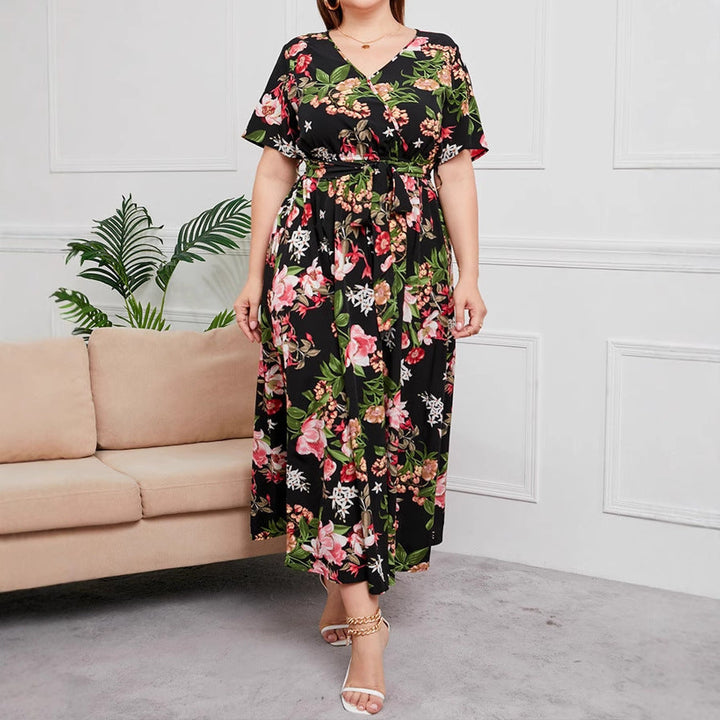 Women's Maxi Dress - V-Neck - Short Sleeve - Floral Print - Adjustable Waist Fit