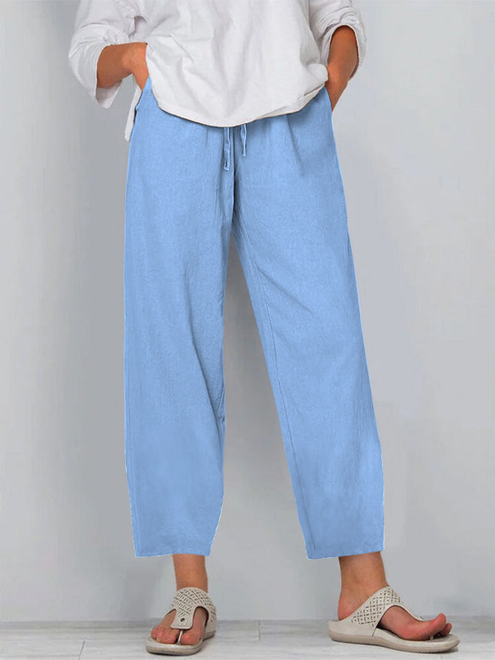 Women’s Wide-Leg Pants – Cotton Linen – Relaxed Fit – Elastic Waist with Drawstring – Full Length
