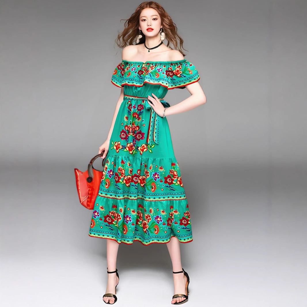 Women’s Maxi Dress – Off-Shoulder – Floral Embroidery – Ruffled Detail – Flowy Fit
