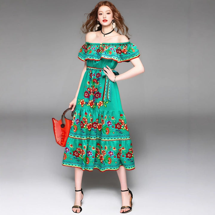 Women’s Maxi Dress – Off-Shoulder – Floral Embroidery – Ruffled Detail – Flowy Fit