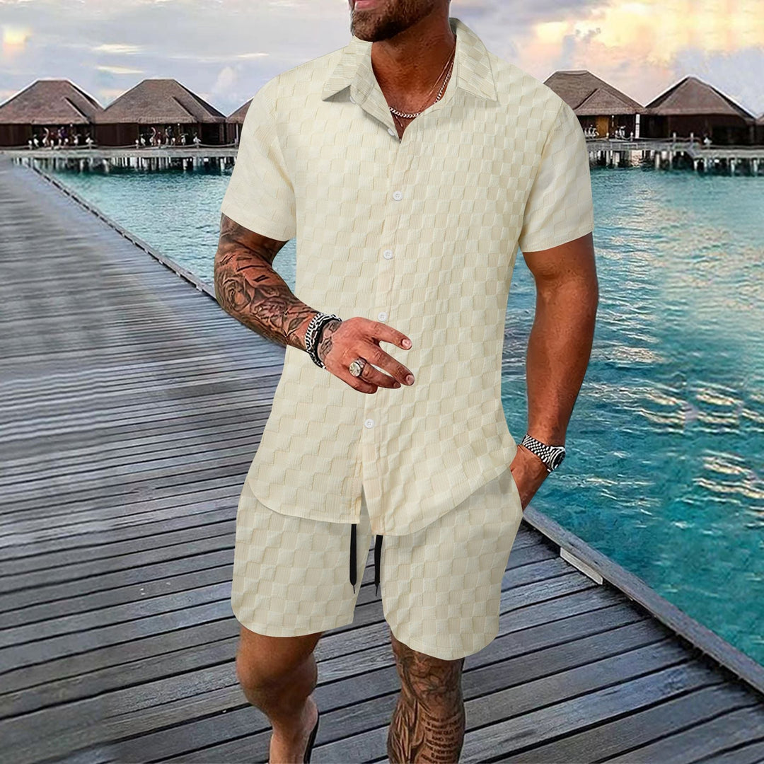 Men's Two-Piece Set - Jacquard Shirt and Shorts - Relaxed Fit - Short Sleeve Lapel Top