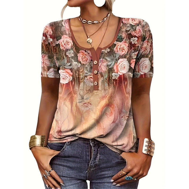 Women’s T-Shirt – Relaxed Fit – Scoop Neck with Buttons – Artistic Floral Design