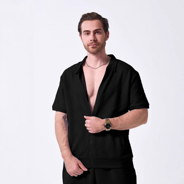 Men’s Short Sleeve Shirt – Relaxed Fit – Textured Cotton – Zip Front Casual Style