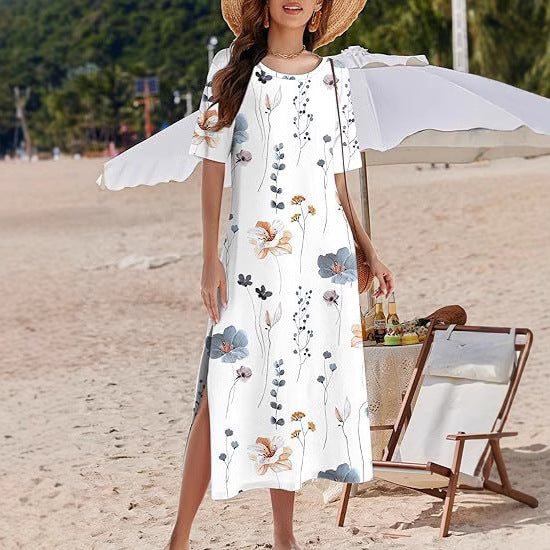 Women’s Maxi Dress – Relaxed Fit – Floral Print – Side Slits – Breathable Blend