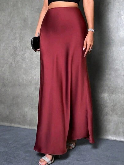 Women’s Maxi Skirt - Slim Fit - Flared Hem - Satin Finish - Minimal Elegant Style