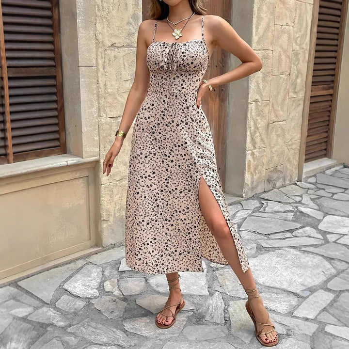 Women’s Midi Dress - Fitted Bodice - Spaghetti Straps - Floral Print - Side Slit