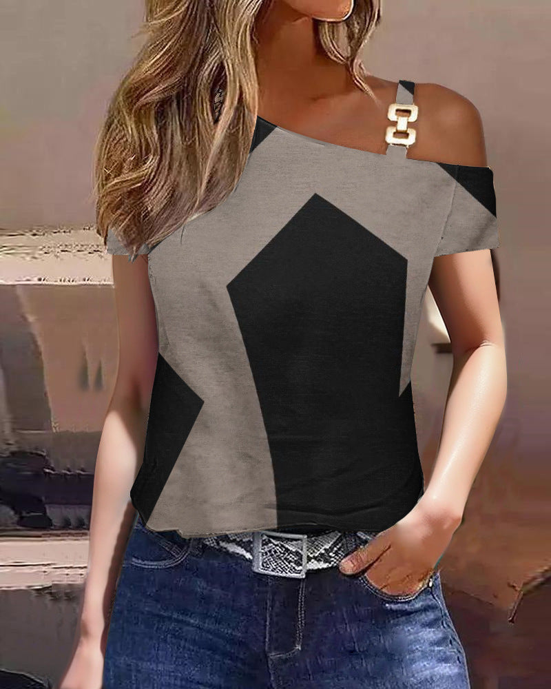 Women’s Short Sleeve Top - Relaxed Fit - One Shoulder - Cotton - Geometric Pattern