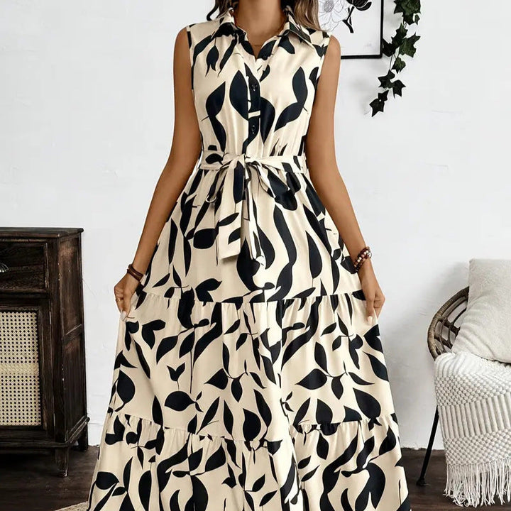 Women’s Maxi Dress – Sleeveless Collared – Button Front – Tiered Skirt – Tie Waist