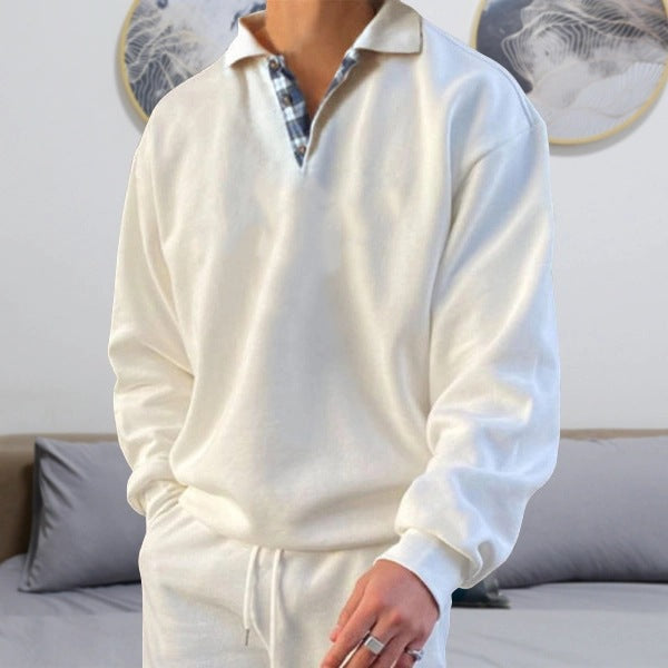 Men’s Sweatshirt – Soft Knit – Loose Fit – V-Neck Lapel – Ribbed Cuffs – Casual Wear