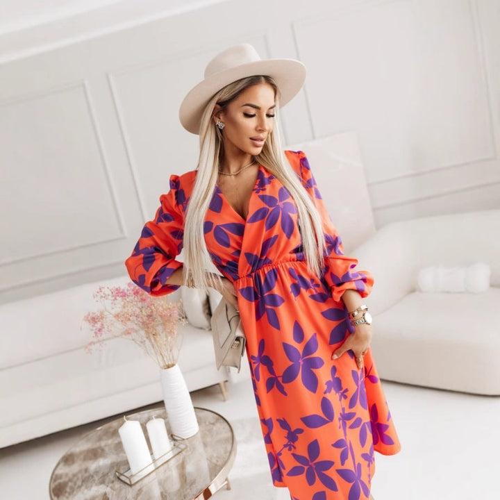 Women’s Midi Dress – V-Neck – Long Sleeve – Elastic Waist – Floral A-Line Fit