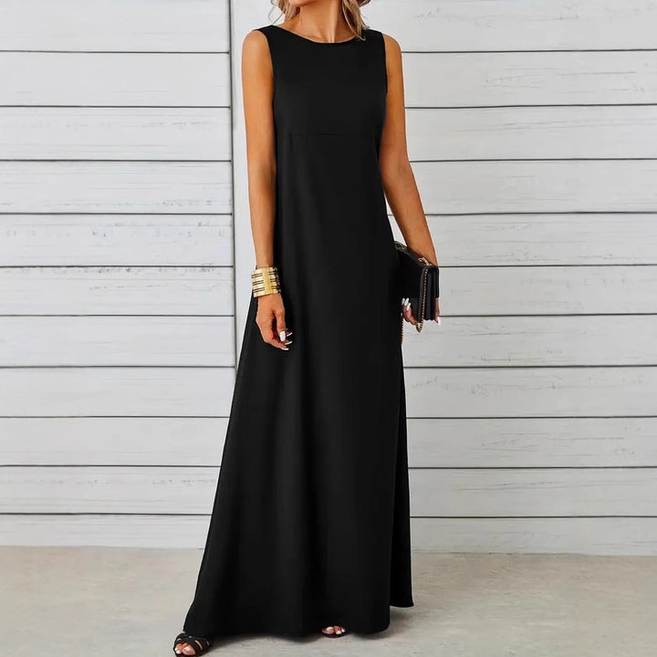 Women’s Maxi Dress – Sleeveless A-Line – Lightweight Fabric – High Neck Minimalist Style