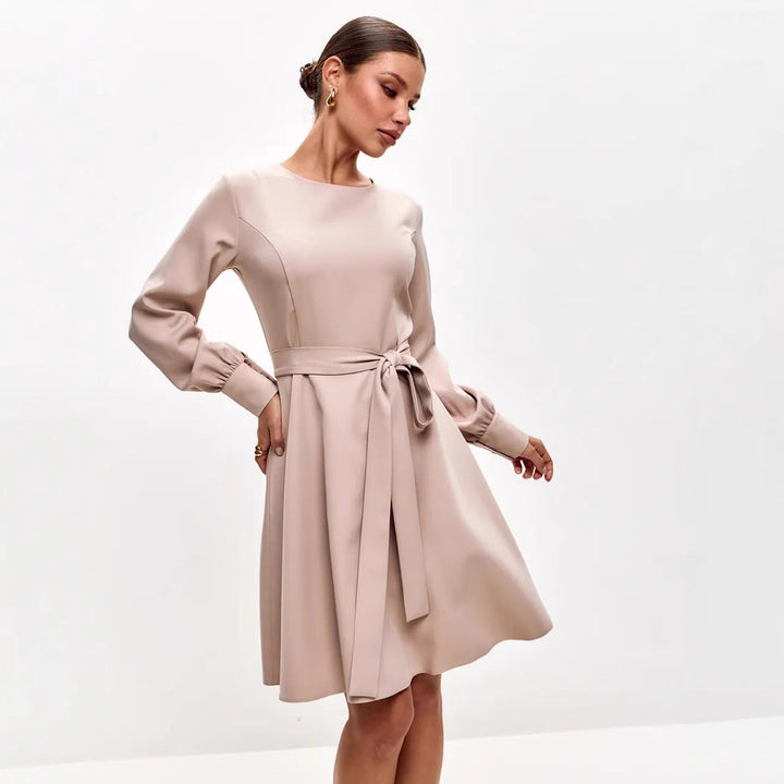 Women’s Midi Dress – Tie Waist – Puff Sleeve – A-Line Silhouette – Round Neckline
