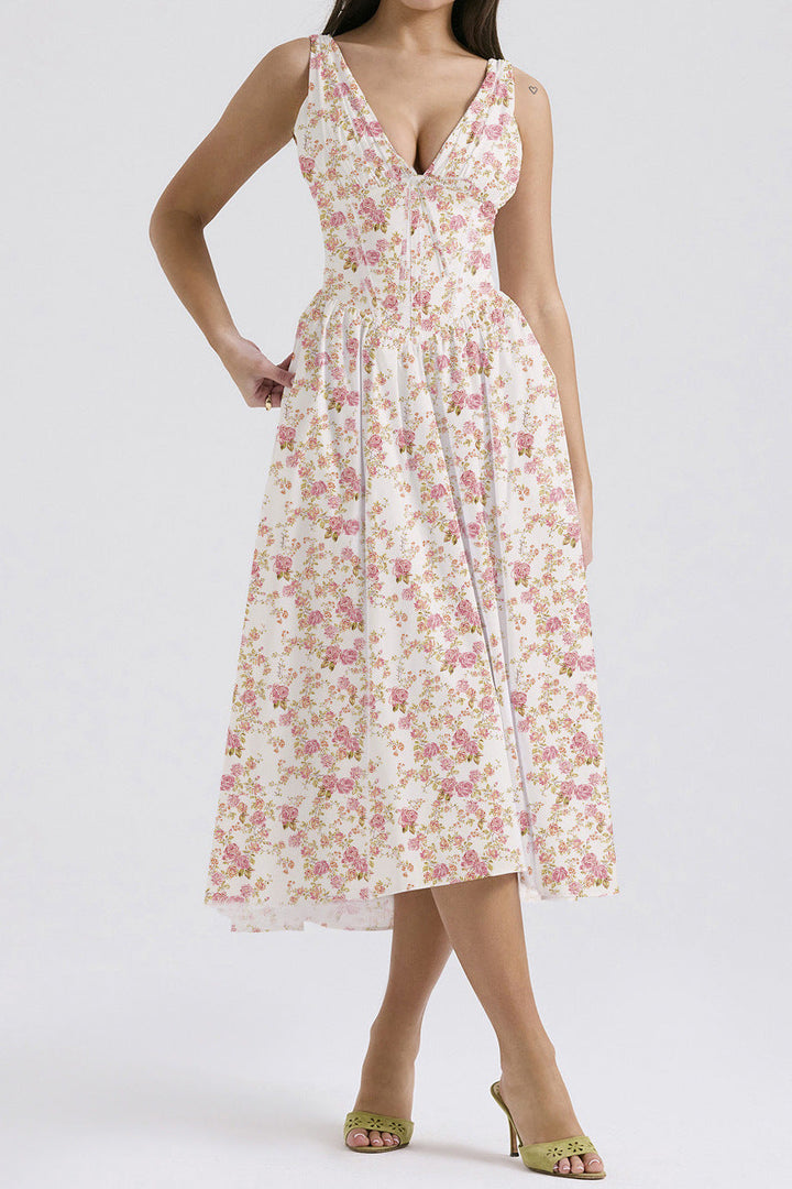 Women’s A-Line Dress – V-Neck – Lightweight Fabric – Midi Length – Floral Print