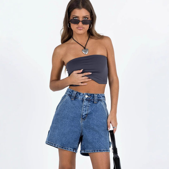 Women’s Denim Shorts - High Waist - 5-Pocket Style - Button Zip Closure - Casual Fit