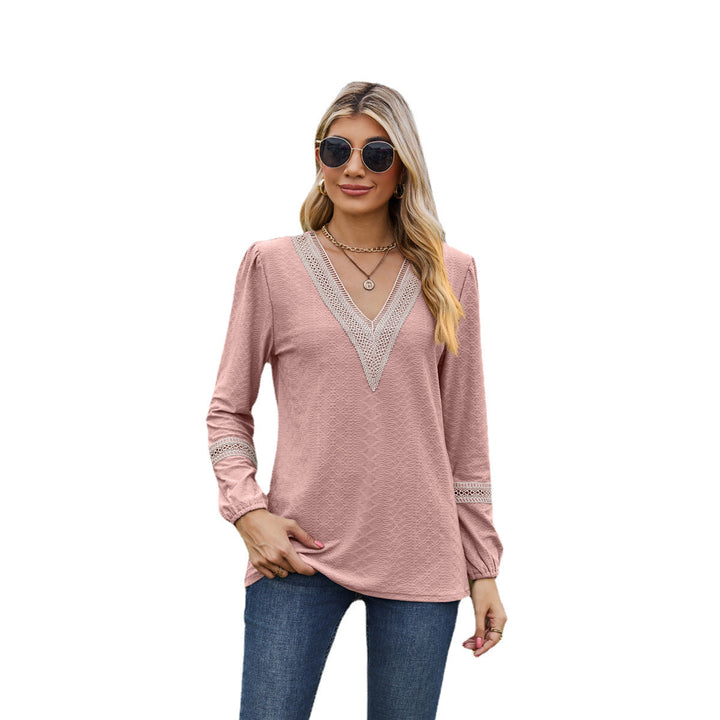 Women’s Long Sleeve T-Shirt – Loose Fit – V-Neck Lace Trim – Soft Breathable Knit