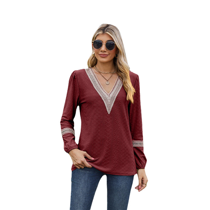 Women’s Long Sleeve T-Shirt – Loose Fit – V-Neck Lace Trim – Soft Breathable Knit