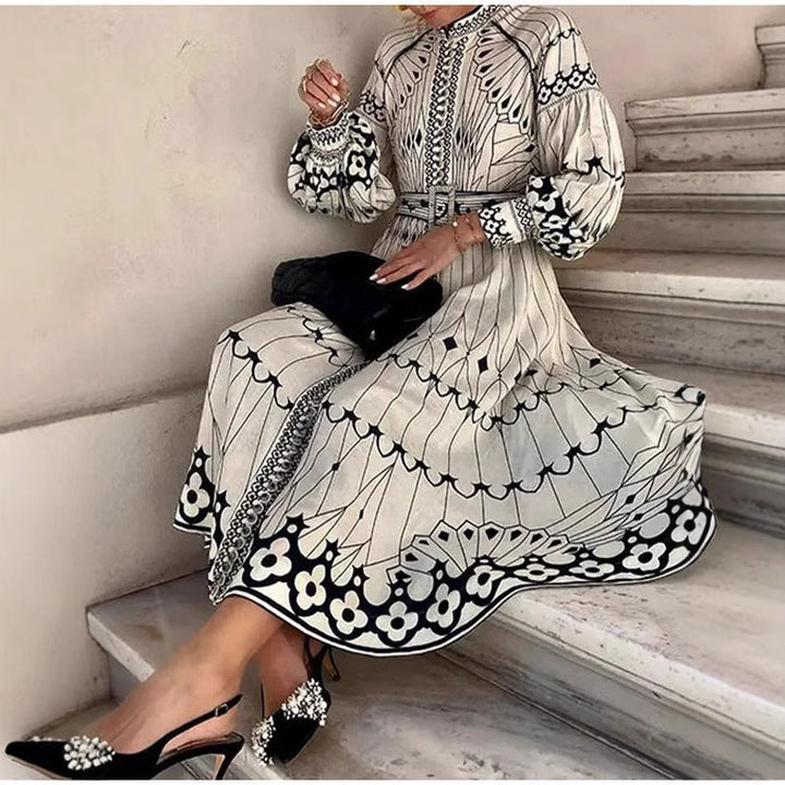 Women’s Midi Dress – Elegant Fit – Long Sleeve – Belted Waist – Patterned Design