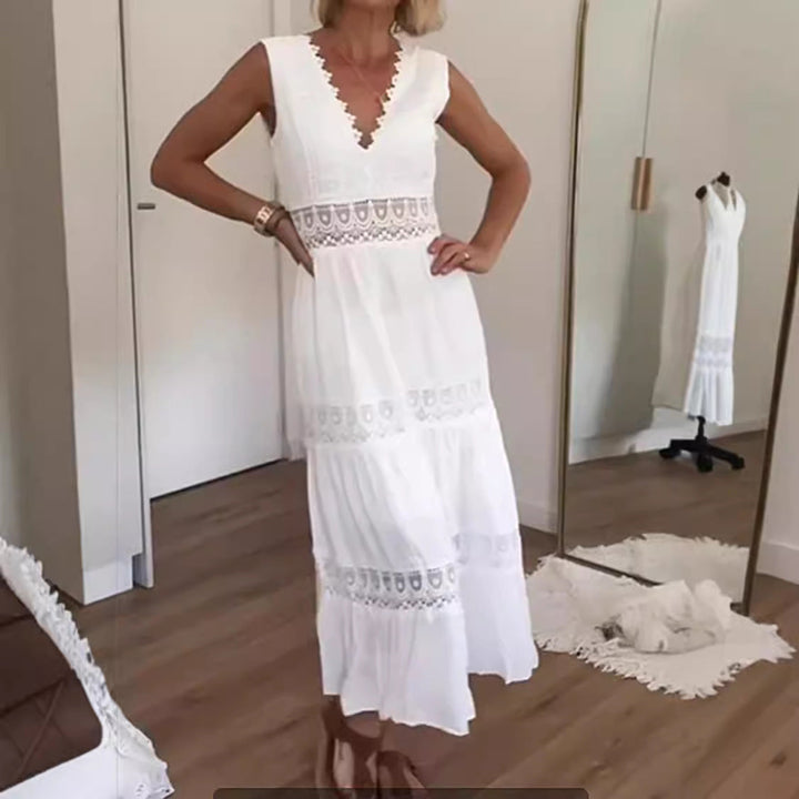 Women’s Midi Dress – Lace Detail – Fitted Bodice – Tiered Skirt – Sleeveless V-Neck