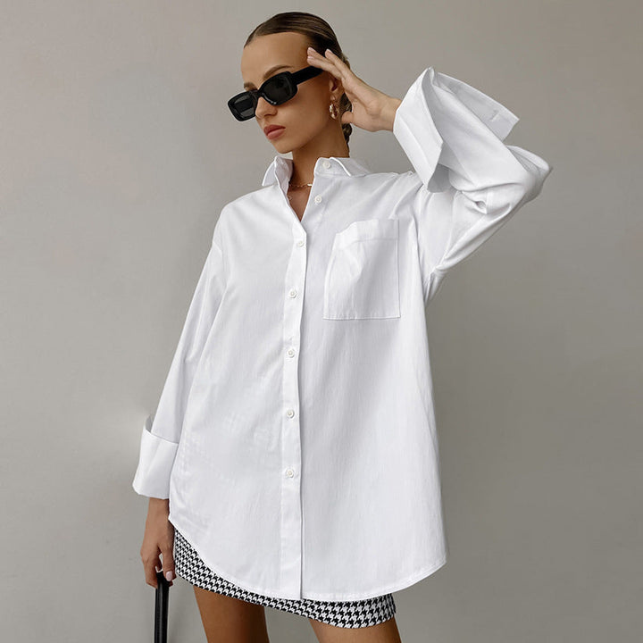 Women’s Button-Up Shirt - Cotton Blend - Oversized Fit - Long Sleeve Casual Layer