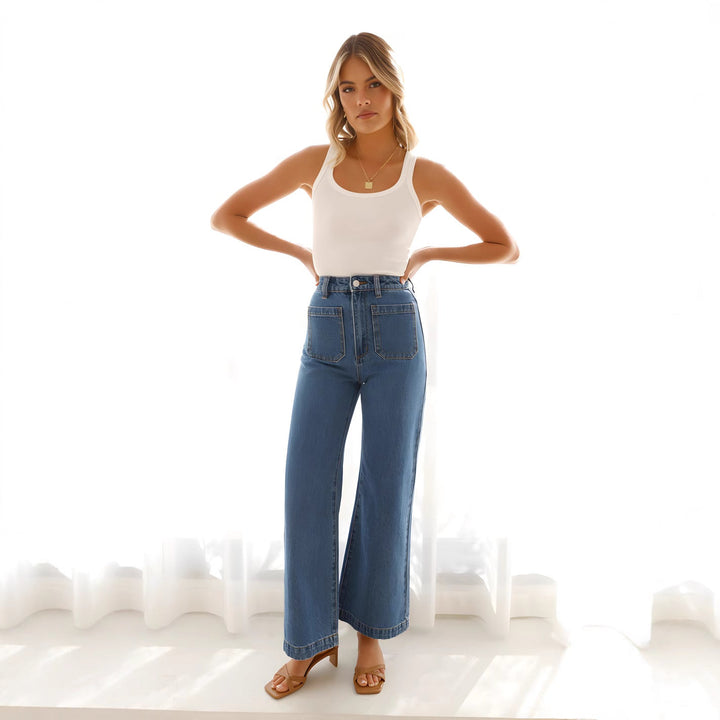 Women’s Wide-Leg Jeans - High Waist - Front Patch Pockets - Relaxed Fit Denim