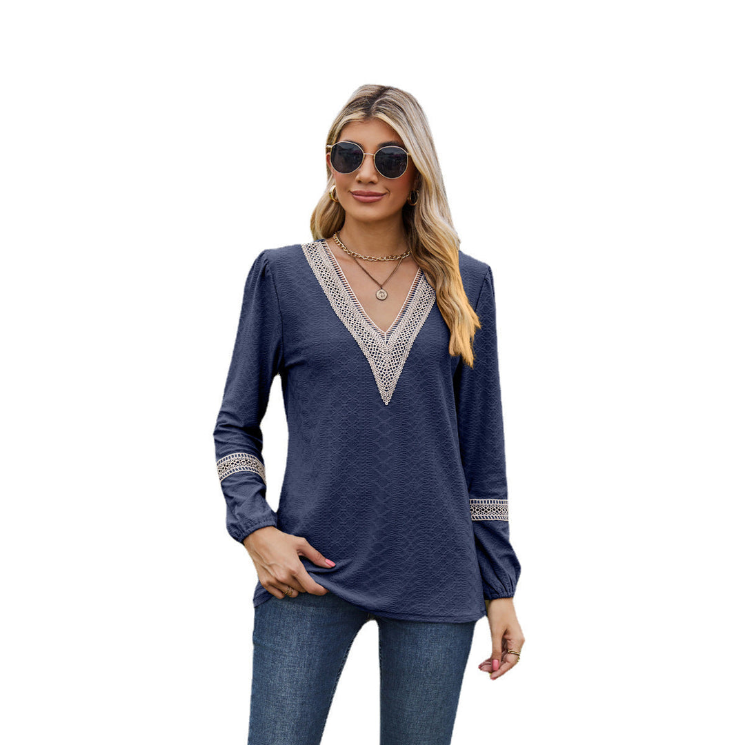 Women’s Long Sleeve T-Shirt – Loose Fit – V-Neck Lace Trim – Soft Breathable Knit