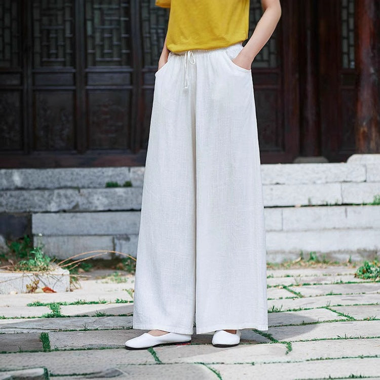 Women’s Wide-Leg Pants – Linen Blend – Relaxed Fit – Elastic Drawstring Waist – With Pockets