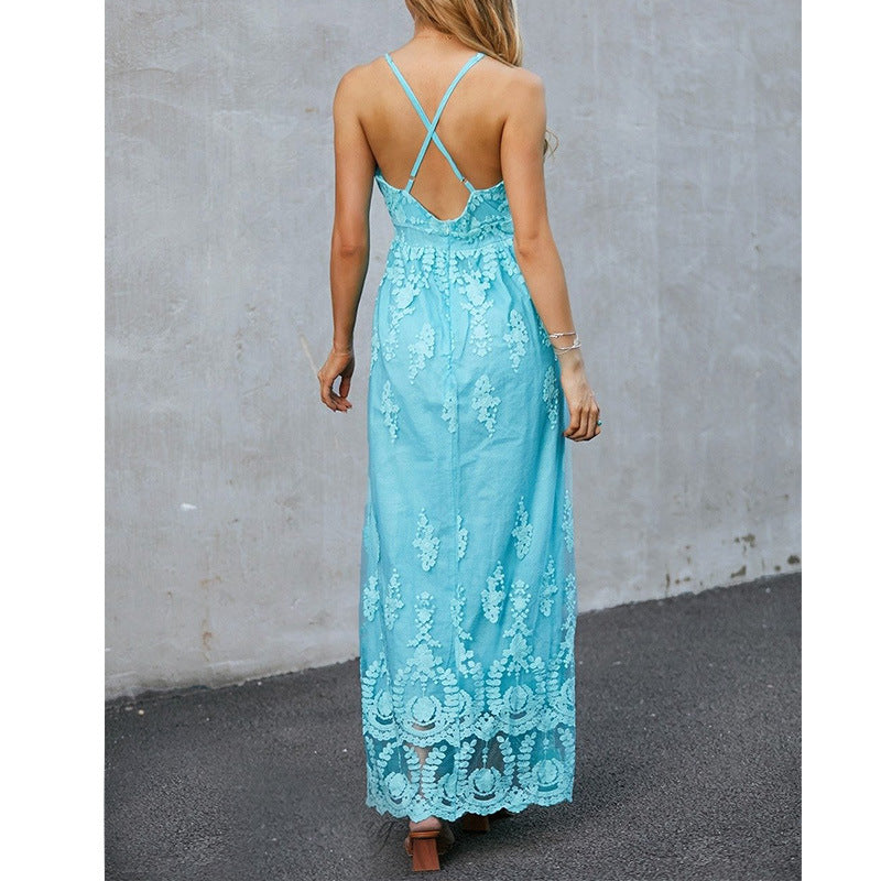 Women’s Maxi Dress – Elegant Fit – Deep V-Neck – Floral Embroidery – Flowy Silhouette